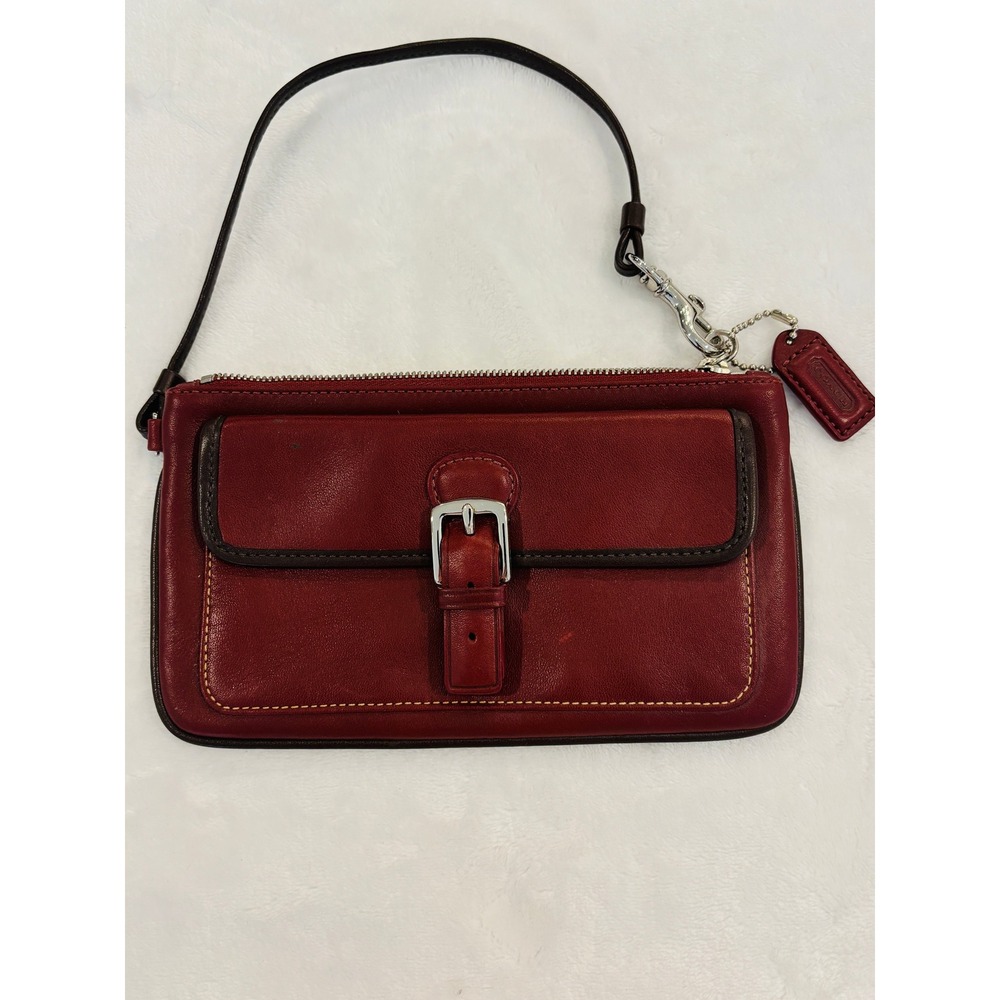 Coach Red Leather Buckle Front Wristlet Small Clutch Bag Silver Hardware